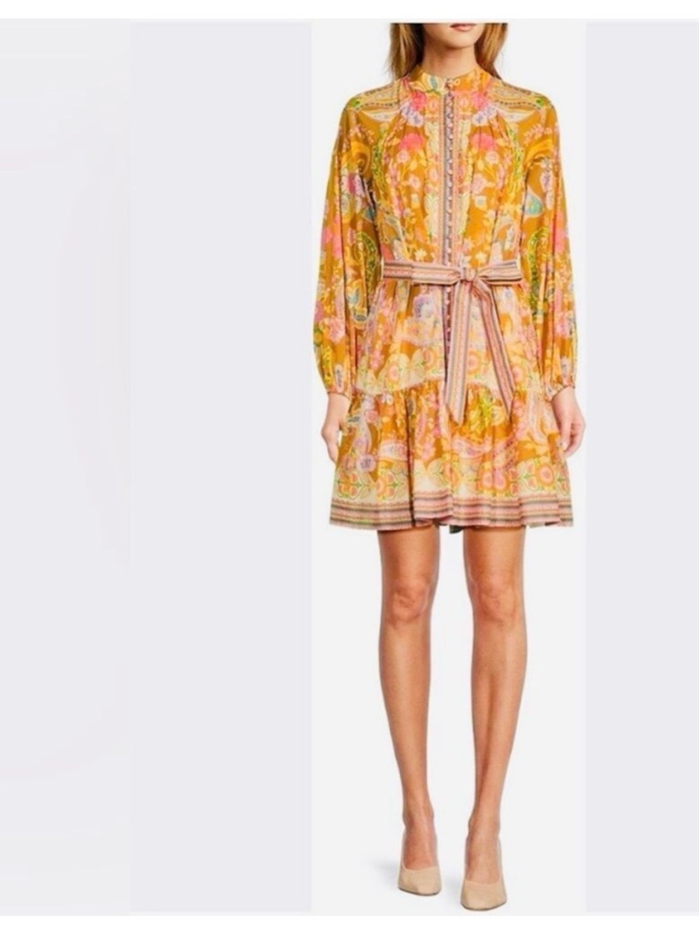 ANTONIO MELANI Yellow Floral Long Sleeve Belted Mini Dress